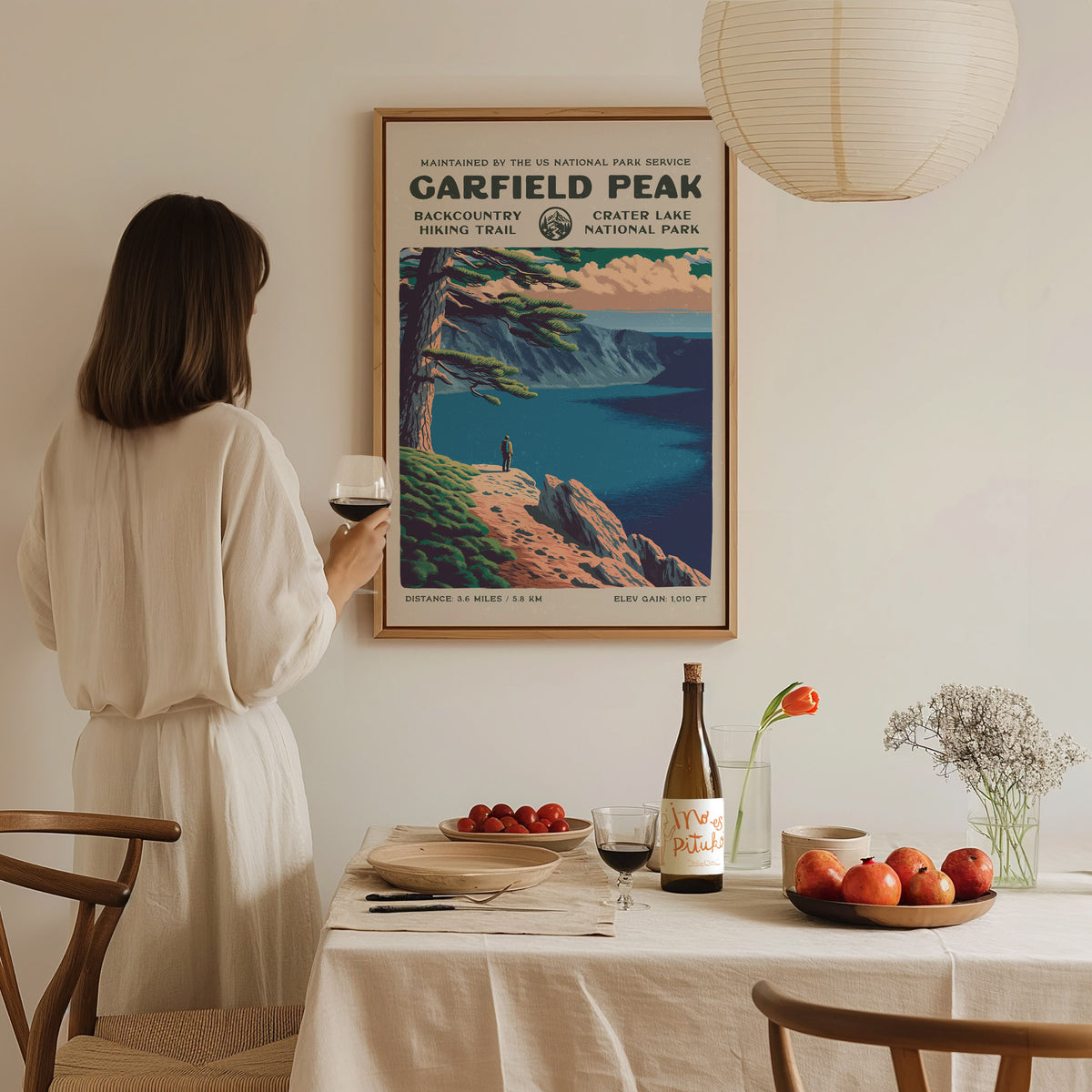 Garfield Peak, Crater Lake National Park Poster | Hiker Gift | Backcountry Trail Wall Art — styled in a modern interior