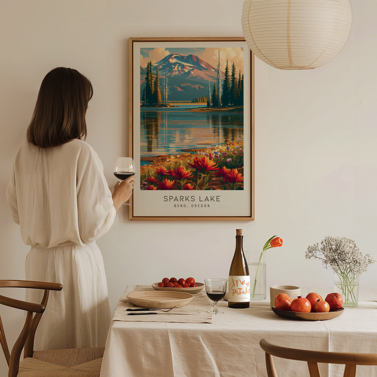 Sparks Lake Matte Border Poster | Bend, Oregon Destination Print Travel Wall Art — styled in a modern interior