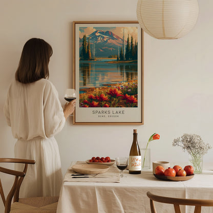 Sparks Lake Matte Border Poster | Bend, Oregon Destination Print Travel Wall Art — styled in a modern interior