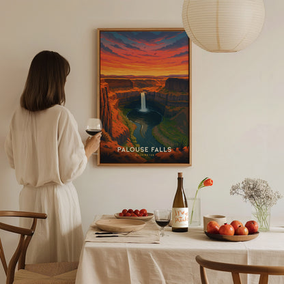 A person in a light-colored outfit stands in front of a vintage-style poster of Palouse Falls, showcasing a vibrant sunset over a canyon with a waterfall. The scene is set in a cozy dining area with a table adorned with fruit and a bottle.