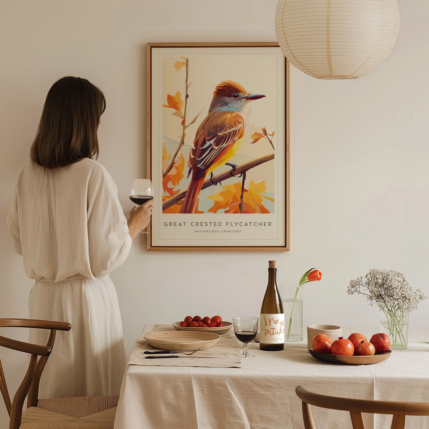 Great Crested Flycatcher Poster | Woodland Songbird Nature Wall Art — styled in a modern interior