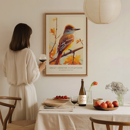 Great Crested Flycatcher Poster | Woodland Songbird Nature Wall Art — styled in a modern interior