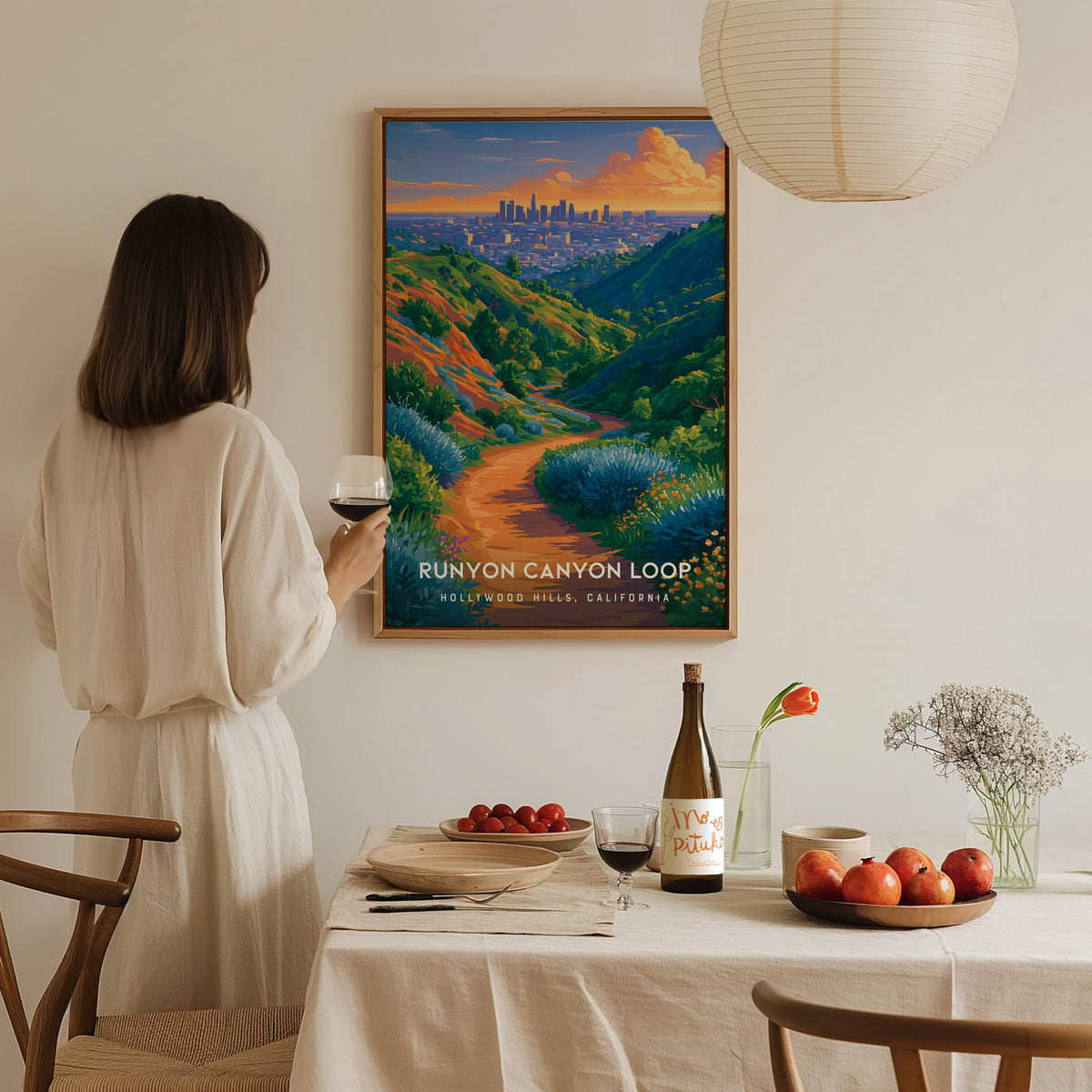 Runyon Canyon Loop, Hollywood Hills, California Poster | Hiking Trail & City Skyline Wall Art — styled in a modern interior