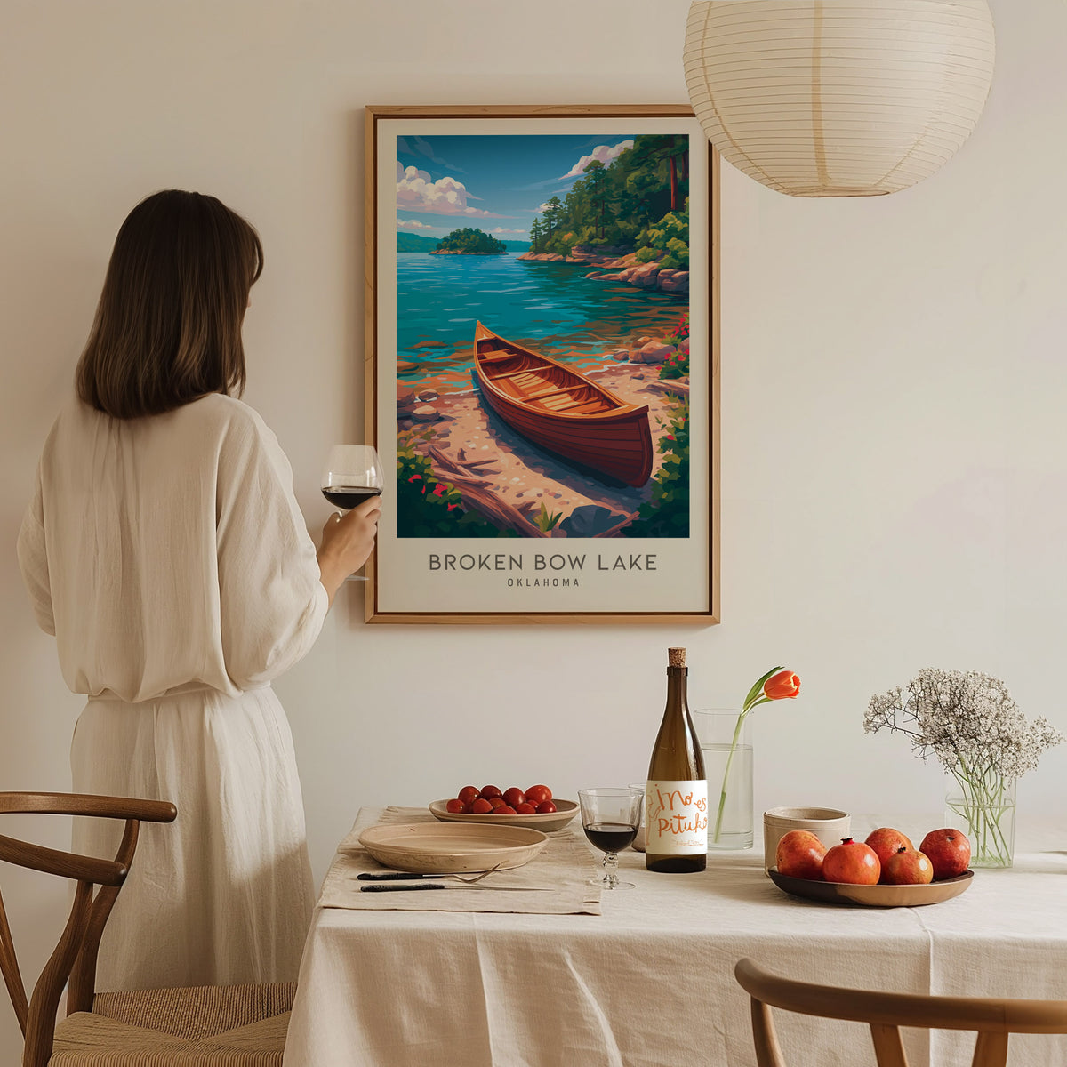 Broken Bow Lake Matte Border Poster | Oklahoma Destination Print Travel Wall Art — styled in a modern interior