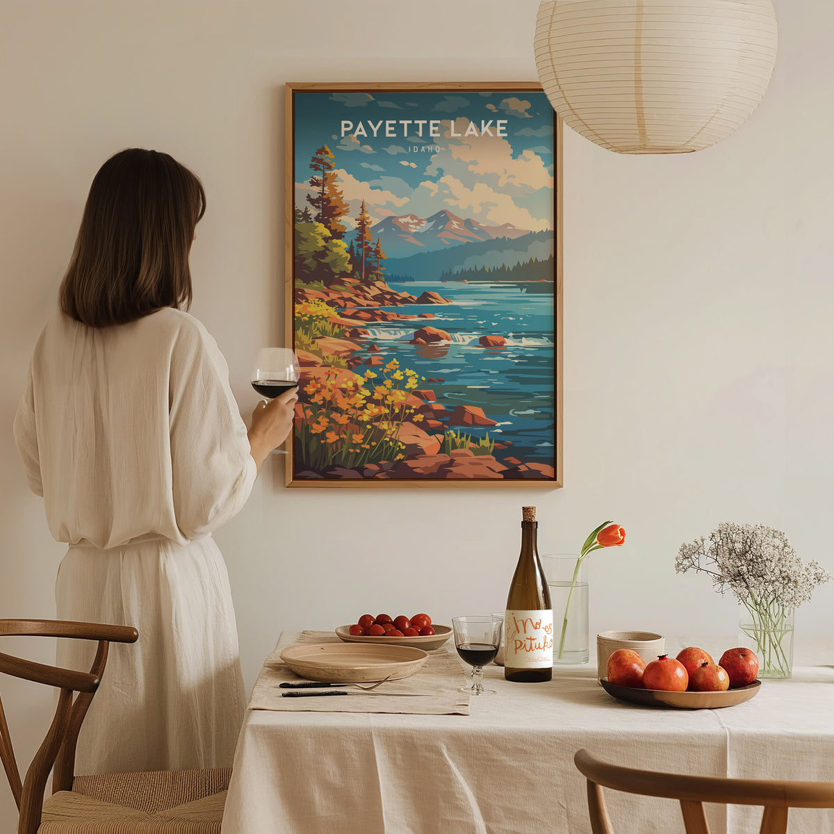 Payette Lake, Idaho Poster | Mountain Lake Destination Print Wall Art — styled in a modern interior