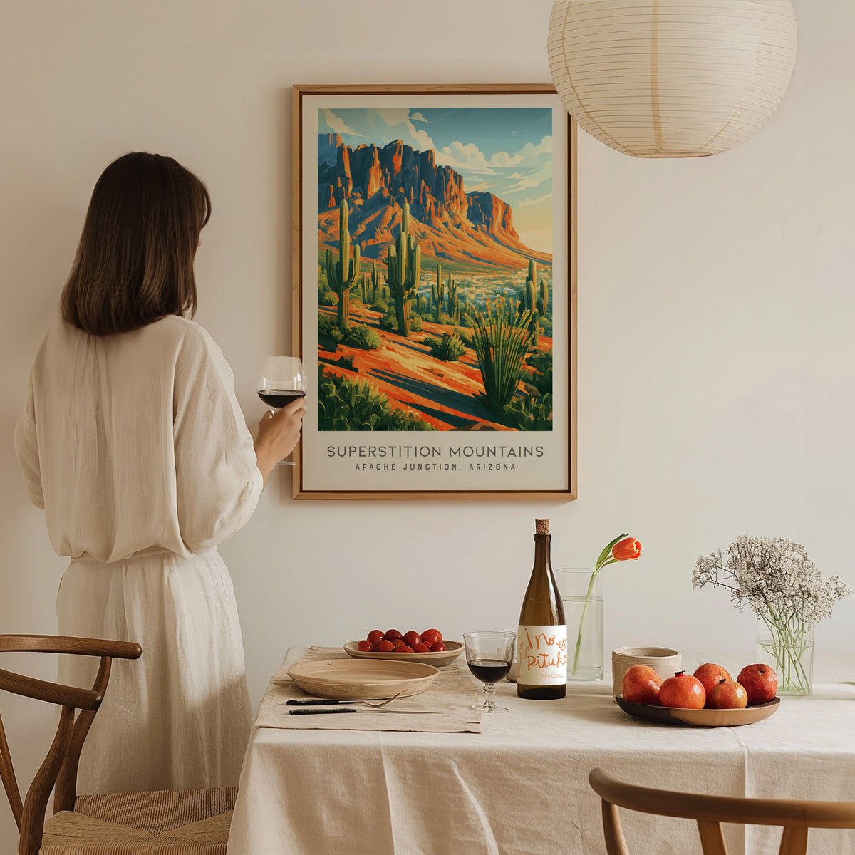 Superstition Mountains Matte Border Poster | Apache Junction, Arizona Travel Wall Art — styled in a modern interior