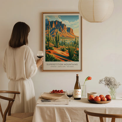 Superstition Mountains Matte Border Poster | Apache Junction, Arizona Travel Wall Art — styled in a modern interior