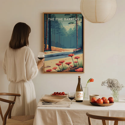 The Pine Barrens, New Jersey Poster | Misty Pines & Cranberry Bogs Wall Art — styled in a modern interior