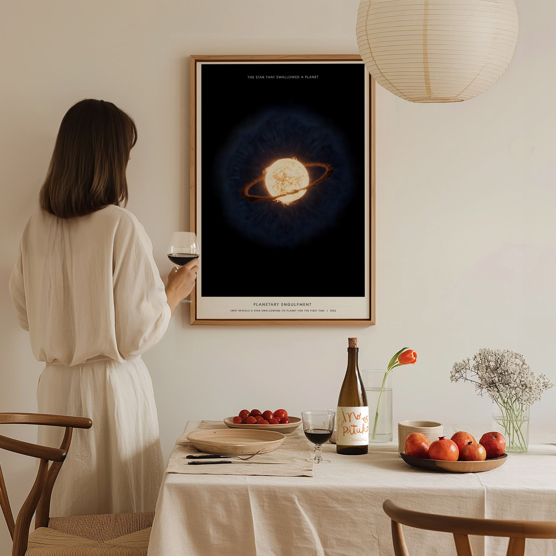 Planetary Engulfment JWST illustration print in a floating frame canvas displayed on a clean white wall