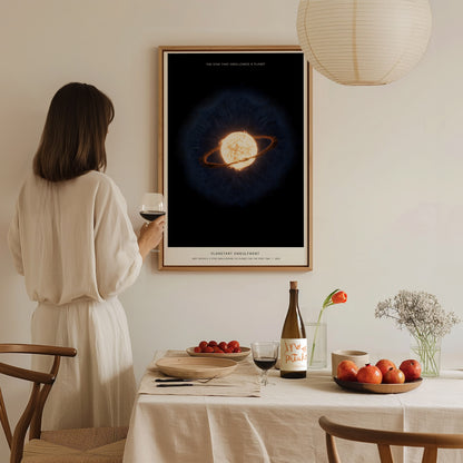 Planetary Engulfment JWST illustration print in a floating frame canvas displayed on a clean white wall
