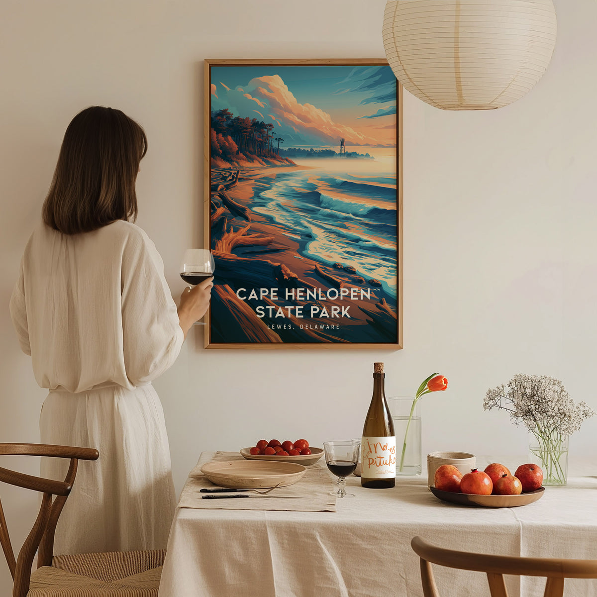 Cape Henlopen State Park, Lewes, Delaware Poster | Dunes & Lighthouse Coastal Beach Decor — styled in a modern interior