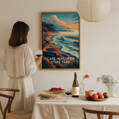 Cape Henlopen State Park, Lewes, Delaware Poster | Dunes & Lighthouse Coastal Beach Decor — styled in a modern interior