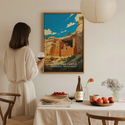 A woman in a white dress holds a wine glass while admiring a Montezuma Castle National Monument poster. The table is set with fruit, a wine bottle, and a flower.