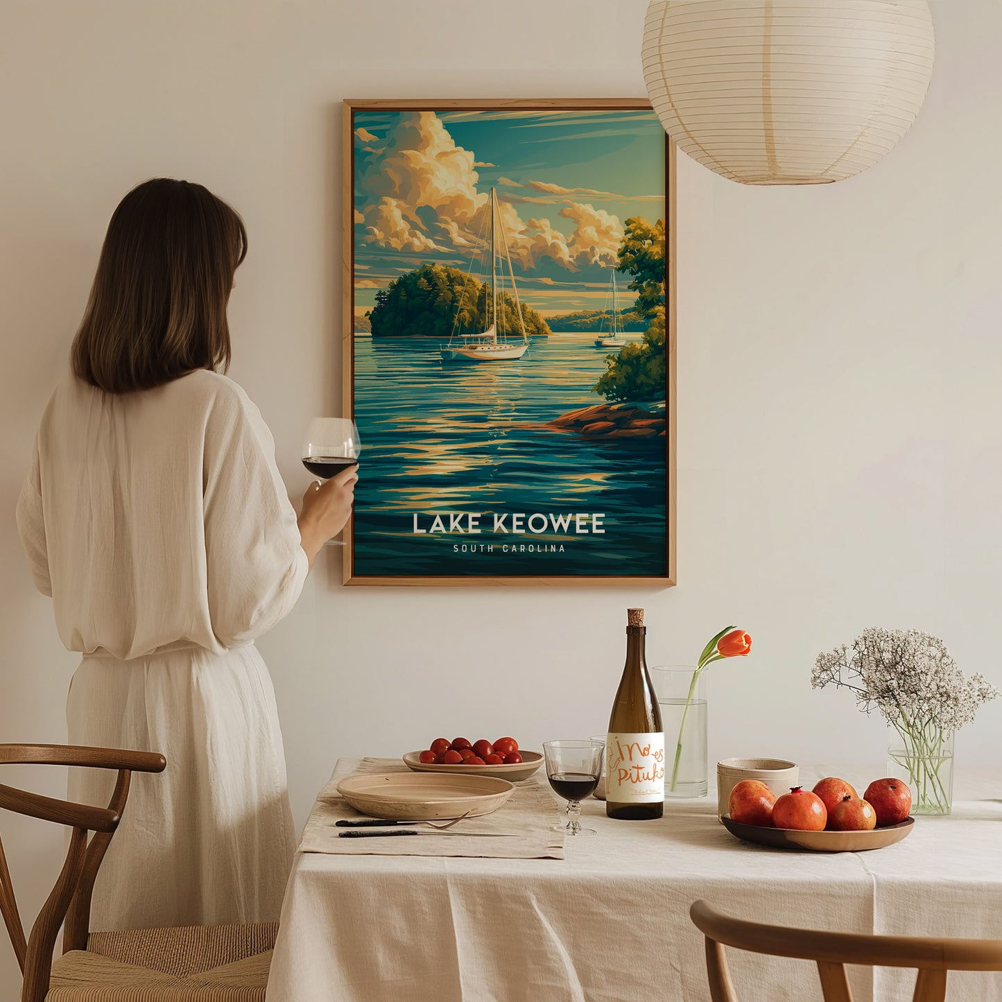 Lake Keowee, South Carolina Poster | Lakeside Mountain Retreat Wall Art — styled in a modern interior