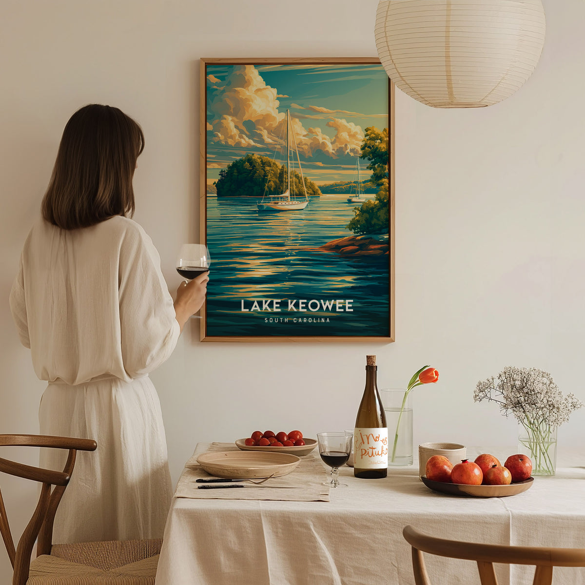 Lake Keowee, South Carolina Poster | Lakeside Mountain Retreat Wall Art — styled in a modern interior