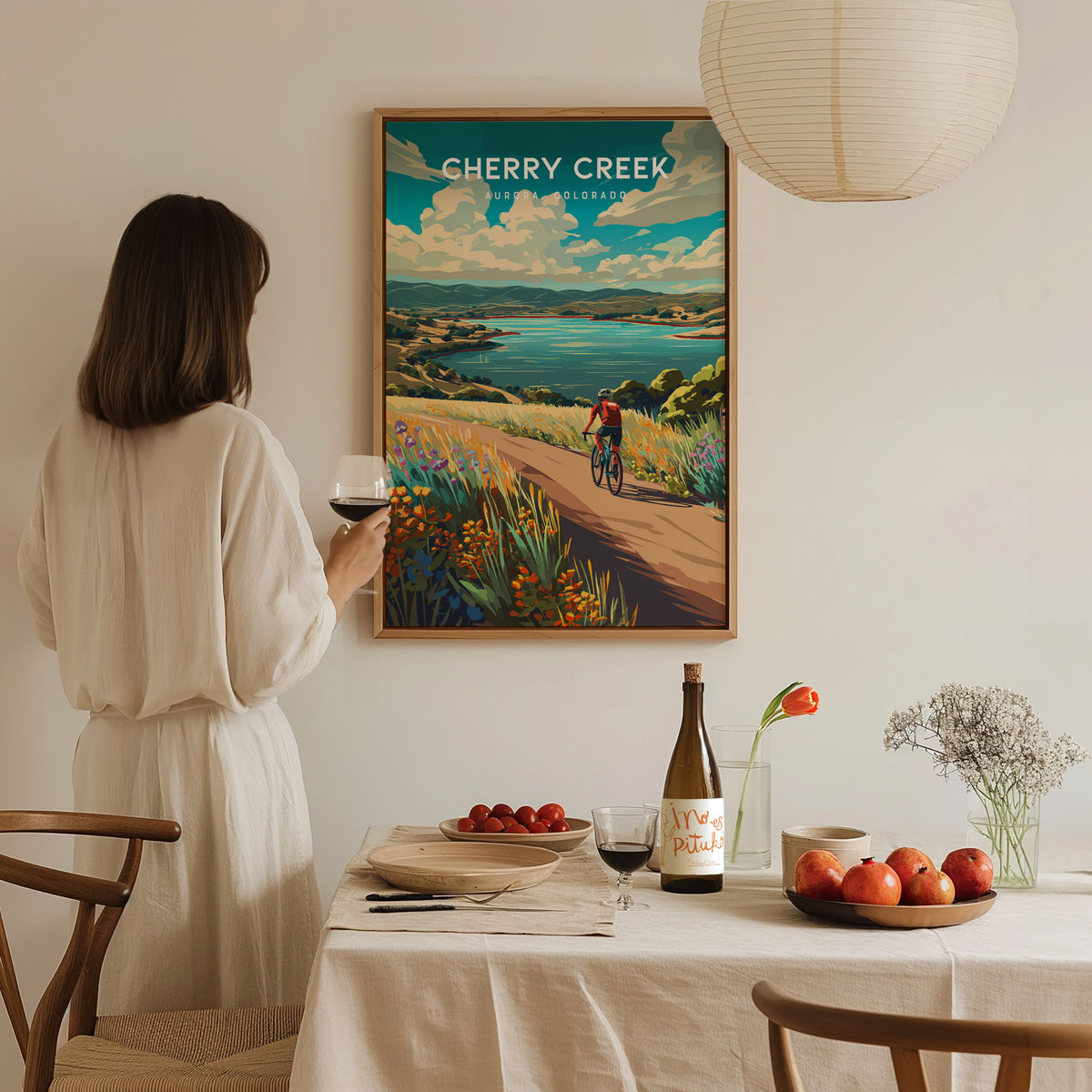 Cherry Creek, Aurora, Colorado Poster | Lakeside Retreat Framed or Unframed Wall Art — styled in a modern interior