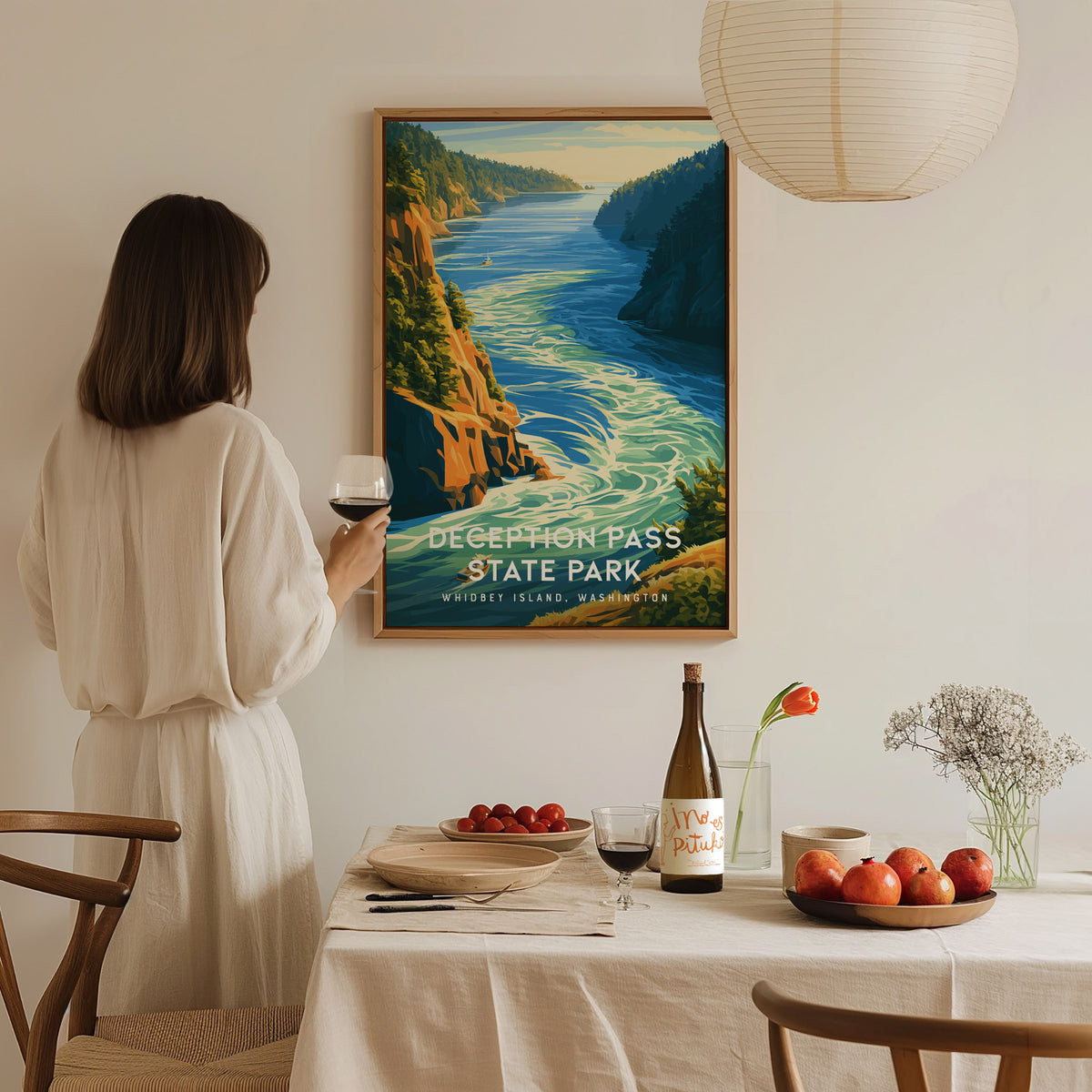 Deception Pass State Park, Whidbey Island, Washington Poster | Dramatic Bridge & Emerald Waters Wall Art — styled in a modern