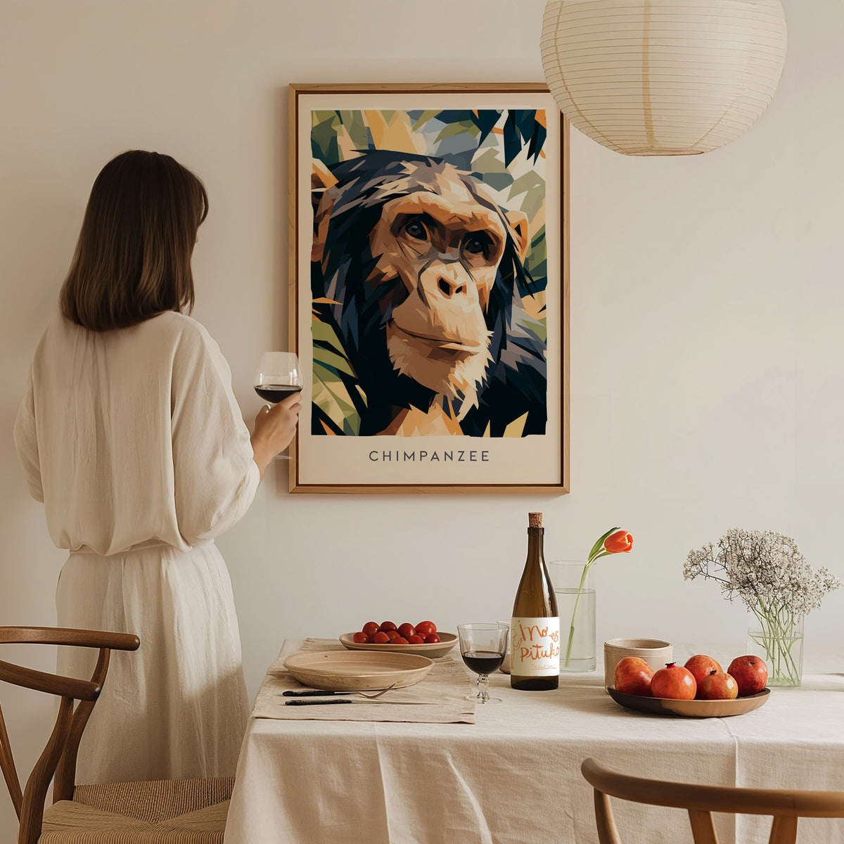 Chimpanzee, Pan troglodytes Poster | Primate Portrait Wildlife Wall Art — styled in a modern interior