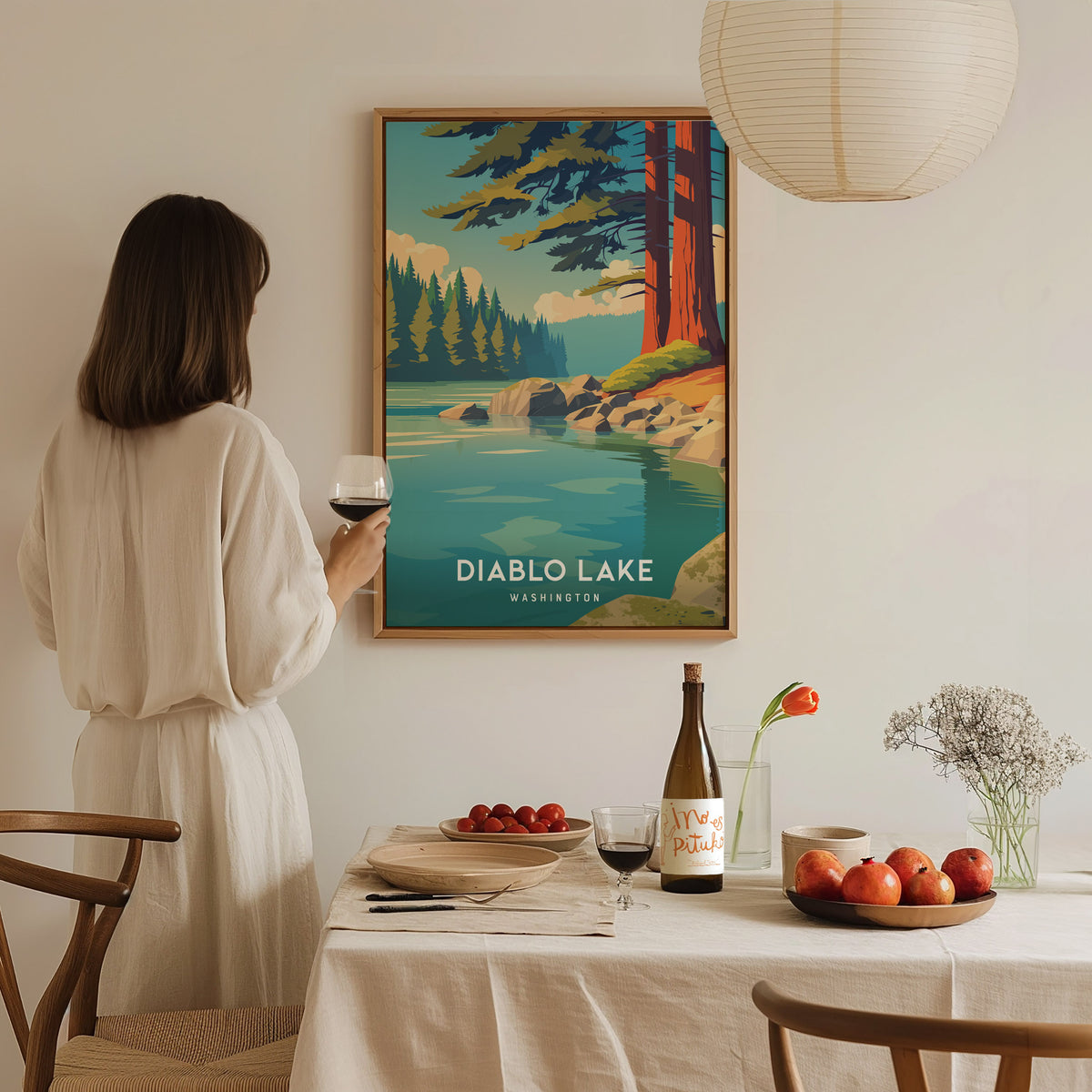 Diablo Lake, Washington Poster | Alpine Wilderness Destination Print Wall Art — styled in a modern interior