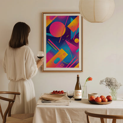 A woman in a white dress holds a wine glass, admiring a vibrant 90s-style poster with neon geometric shapes on a wall.