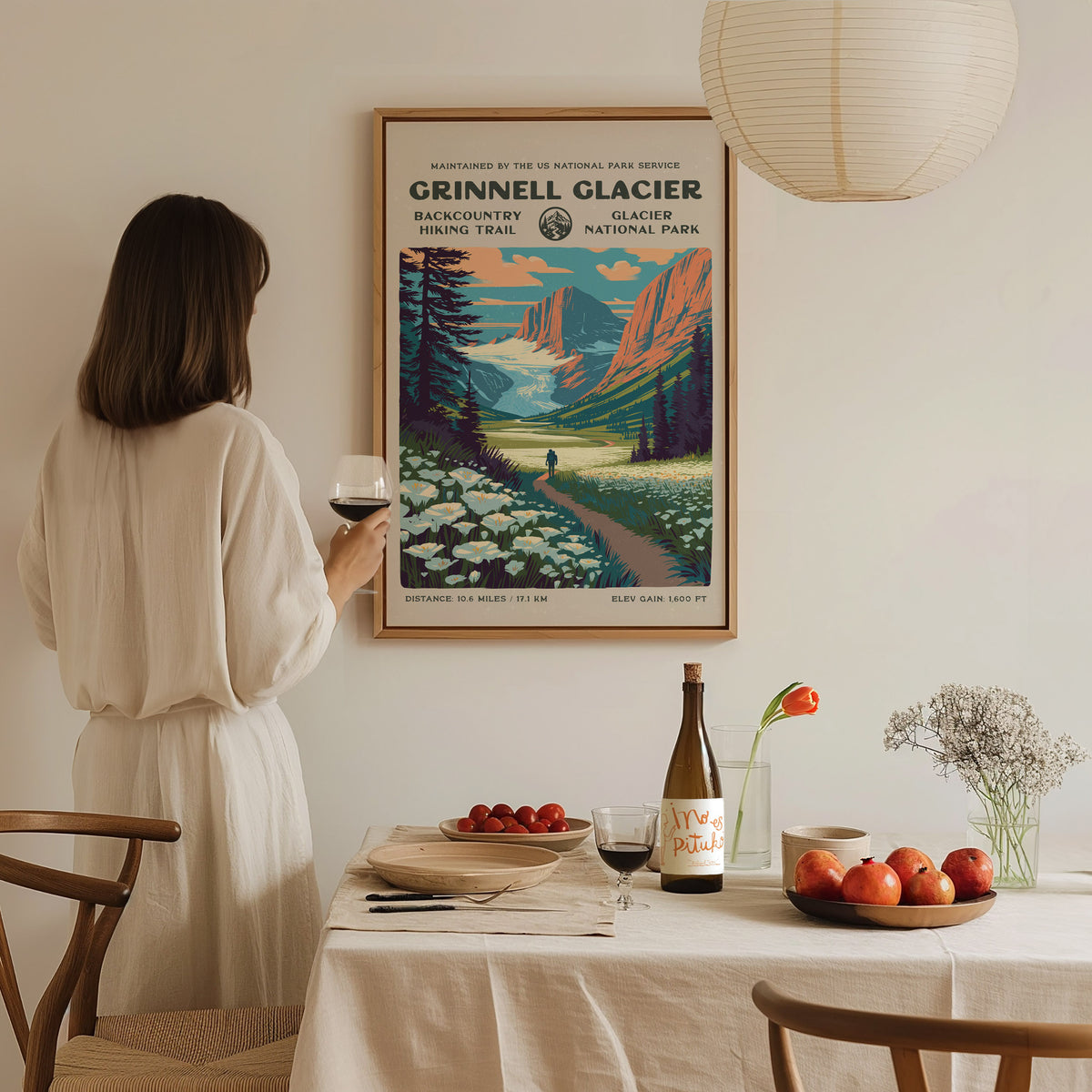 Grinnell Glacier, Glacier National Park Poster | Hiker Gift | Backcountry Trail Wall Art — styled in a modern interior