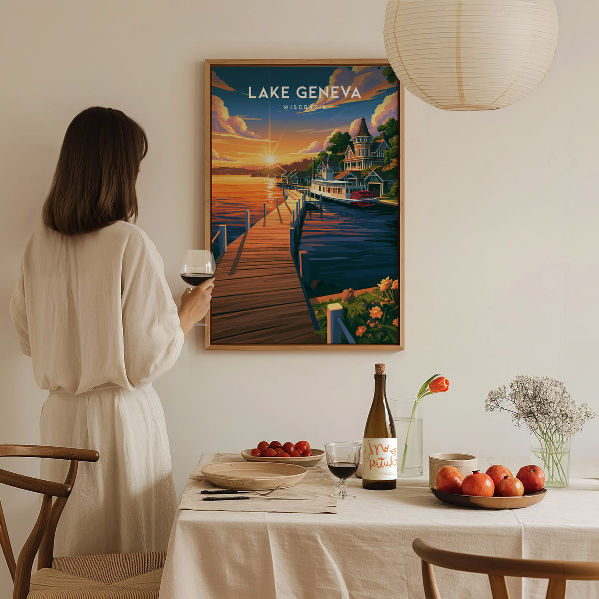 Lake Geneva, Wisconsin Poster | Lakeside Charm Destination Print Wall Art — styled in a modern interior