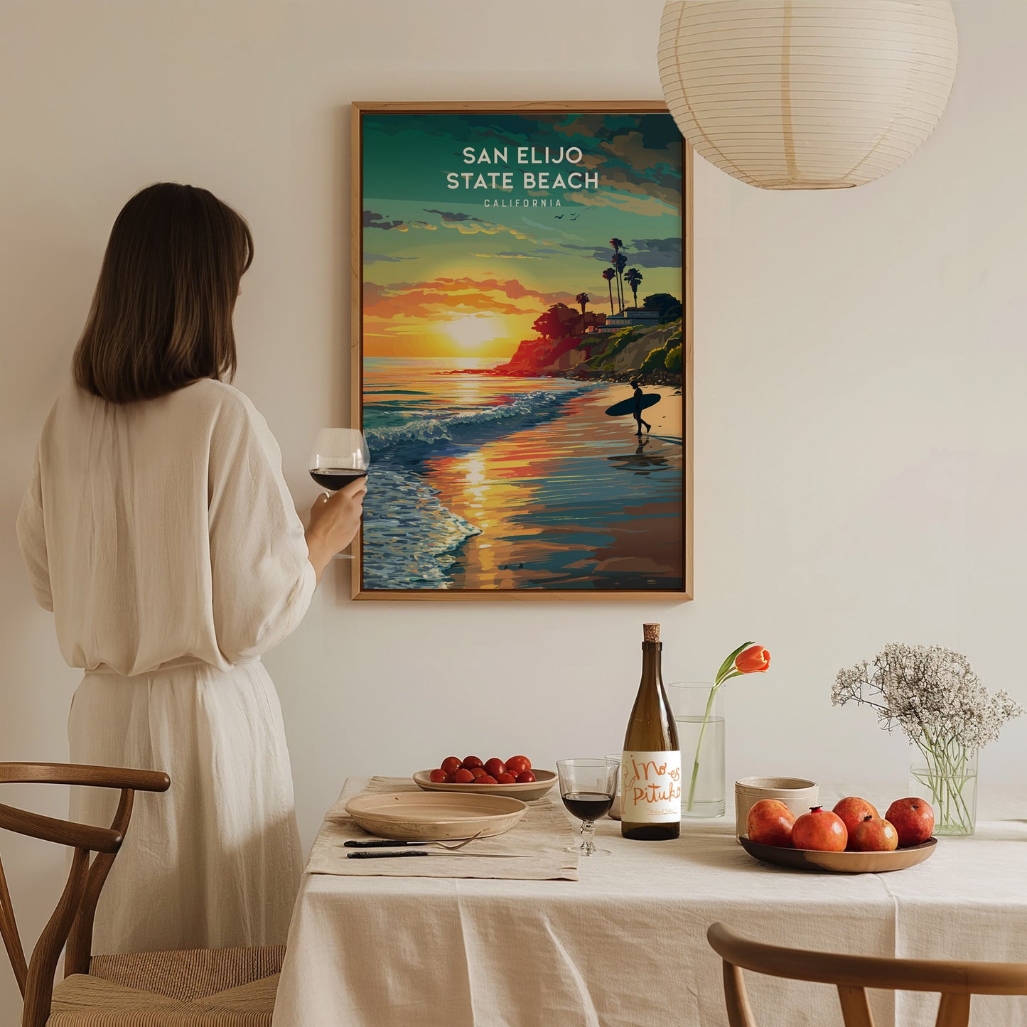 San Elijo State Beach, California Poster | Golden Bluffs & Ocean Breeze Wall Art — styled in a modern interior