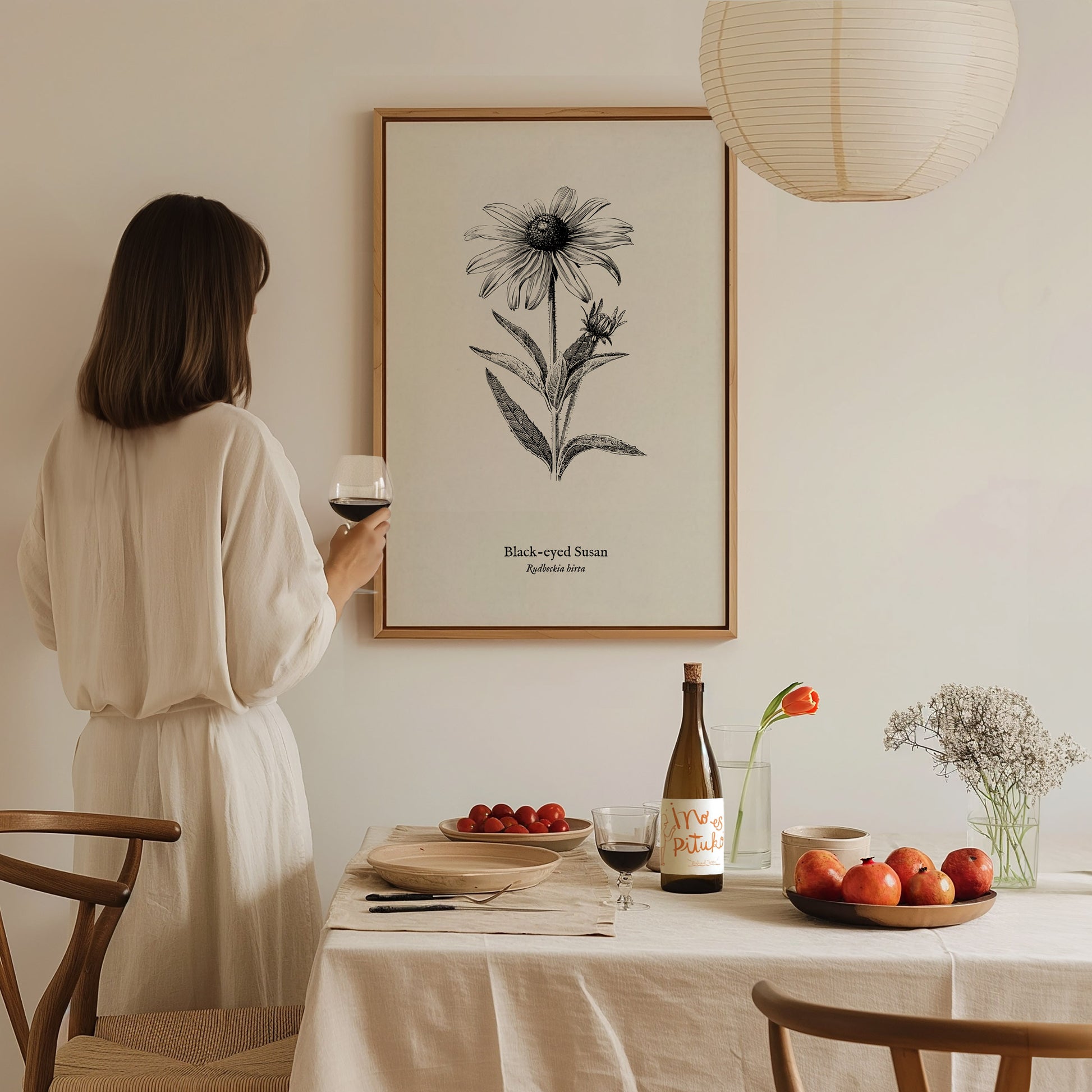 Black-eyed Susan Poster | Vintage Rudbeckia hirta Botanical Illustration Wall Art — styled in a modern interior