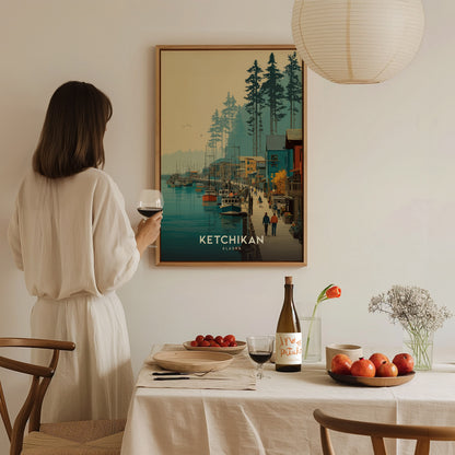A woman in a beige blouse holds a glass of wine while standing beside a beautifully set dining table. The wall features a vintage print of Ketchikan, Alaska, showcasing a serene waterfront scene with colorful buildings and boats.