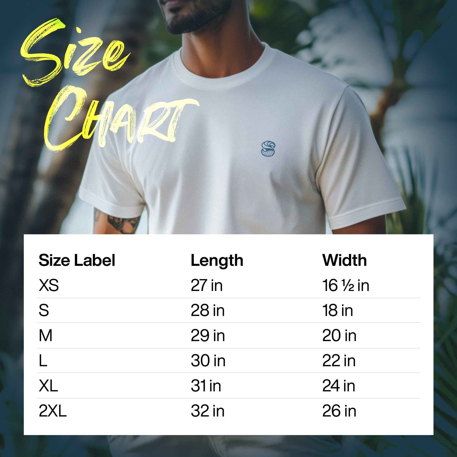 A size chart for the Rincon Surf Shirt is displayed on a white background. The chart includes measurements for various sizes (S, M, L, XL, 2XL) with lengths and widths clearly listed, alongside a model wearing the shirt in a tropical.