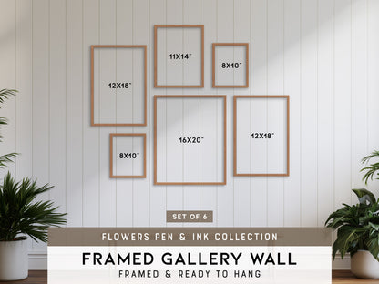 Flowers Pen & Ink Gallery Wall | Set of 6 | Botanical Prints | Mixed Size Frames