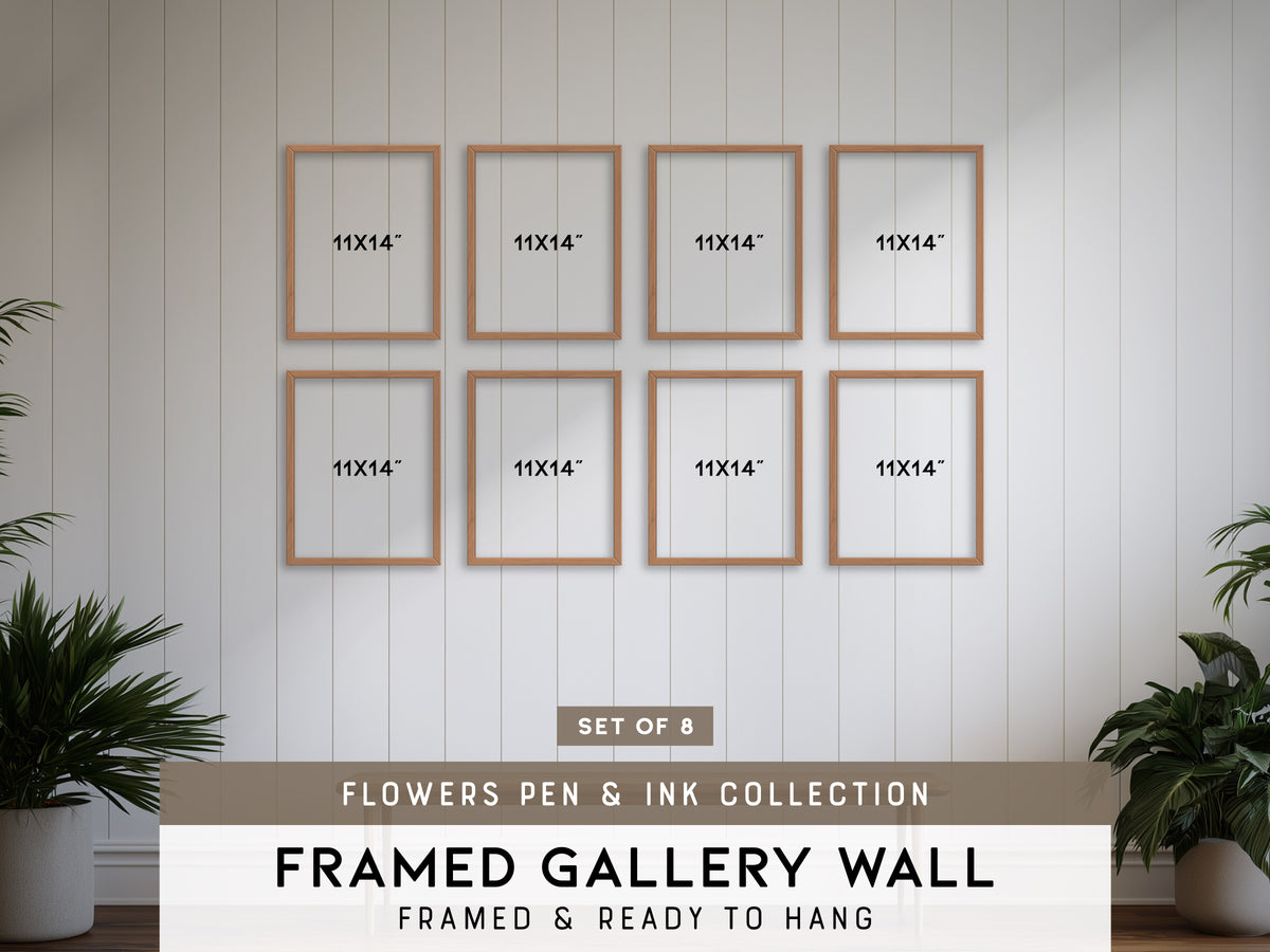 Flowers Pen & Ink Gallery Wall | Set of 8 | Botanical Prints | Bedroom Wall Art