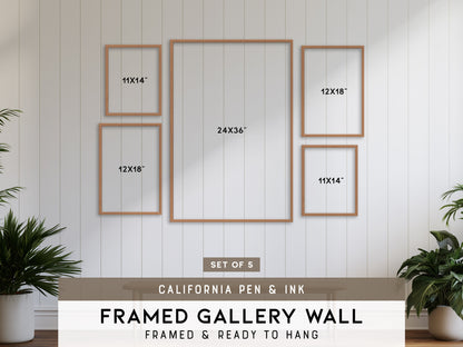 California Pen & Ink Gallery Wall | Jacaranda & Bird Of Paradise | Set of 5 Framed Prints