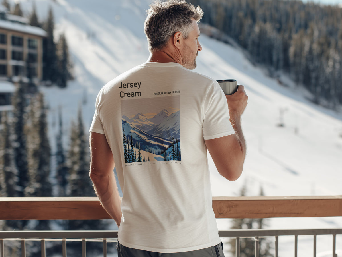 Jersey Cream Ski T-Shirt | Whistler Blackcomb Mountain Art Tee — design printed on the back of the t-shirt