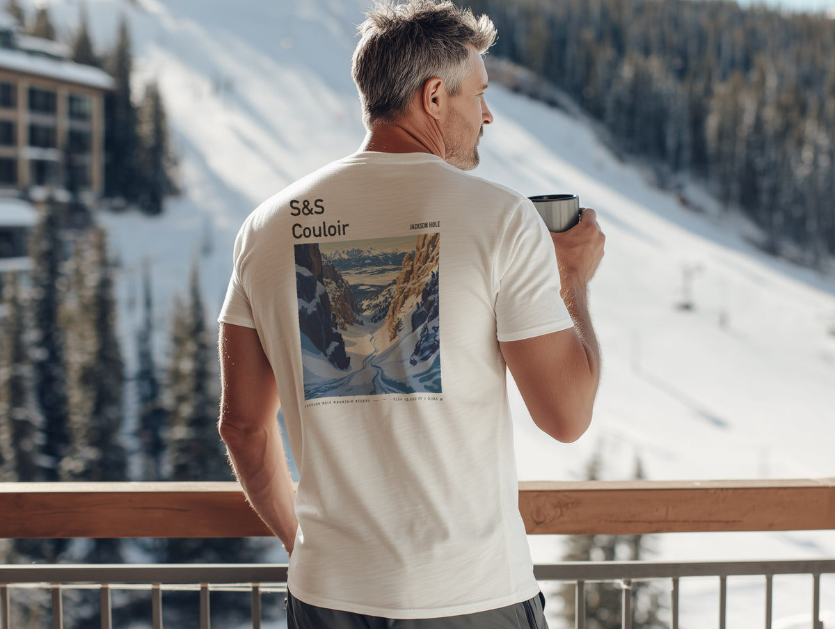 S&S Couloir Ski T-Shirt | Jackson Hole Mountain Art Tee — design printed on the back of the t-shirt