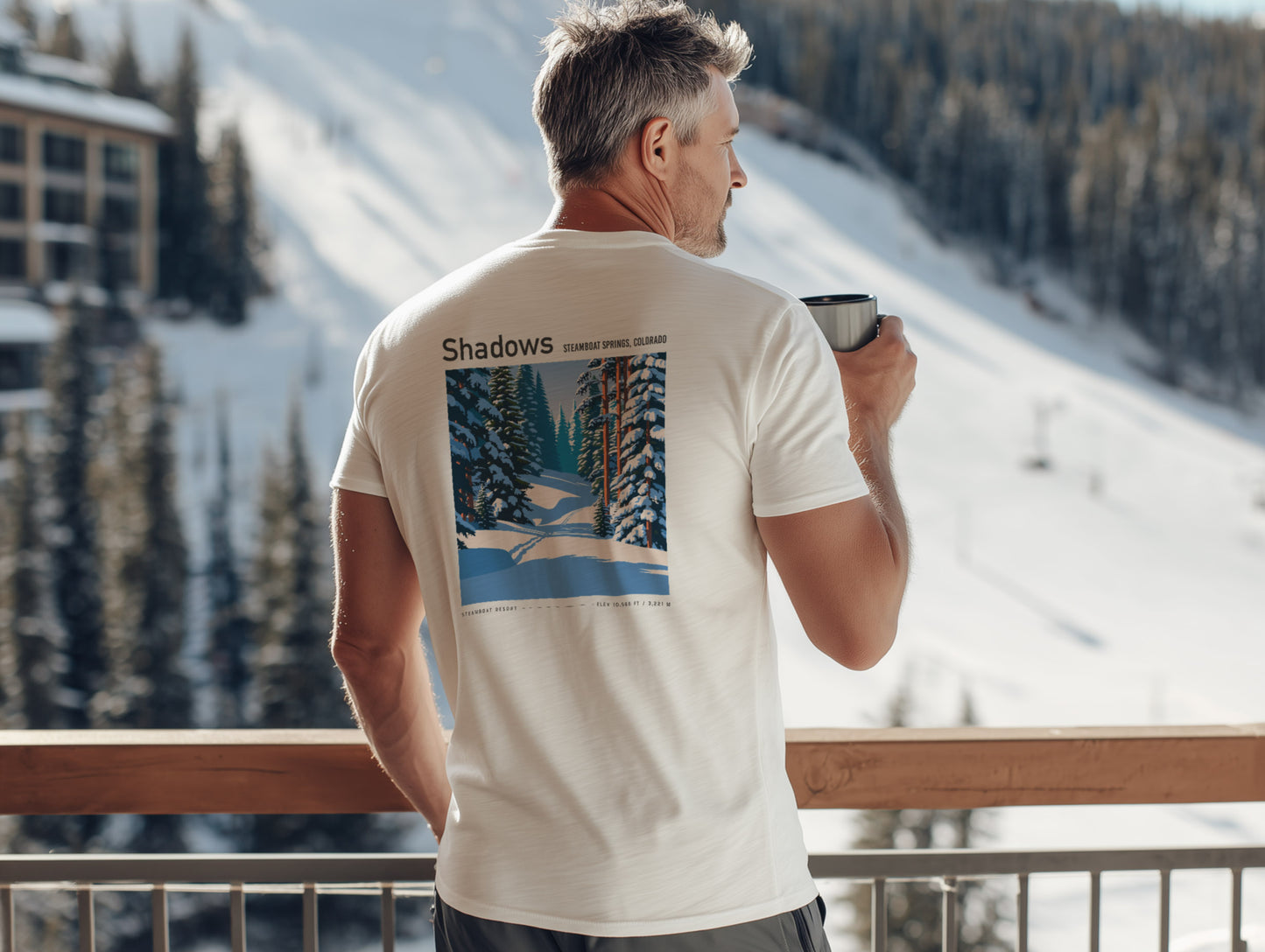 Shadows, Steamboat Ski T-Shirt | Rocky Mountain Powder Art Tee — design printed on the back of the t-shirt