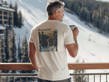 Bushwacker Ski T-Shirt | Telluride Mountain Art Tee — design printed on the back of the t-shirt