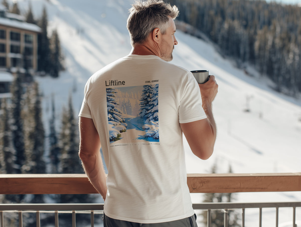 Liftline, Stowe Ski T-Shirt | Vermont Mountain Art Tee — design printed on the back of the t-shirt