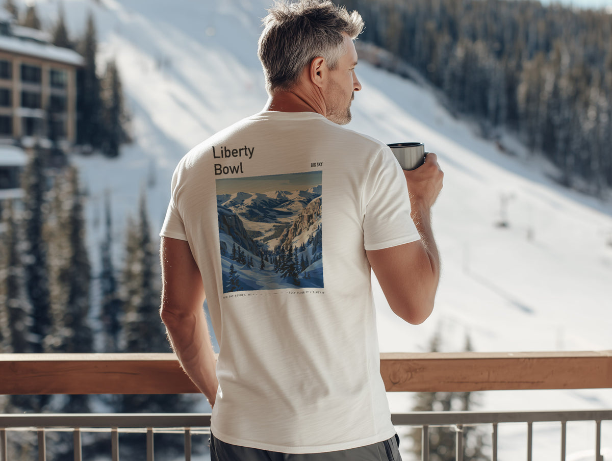 Liberty Bowl Ski T-Shirt | Big Sky Mountain Art Tee — design printed on the back of the t-shirt