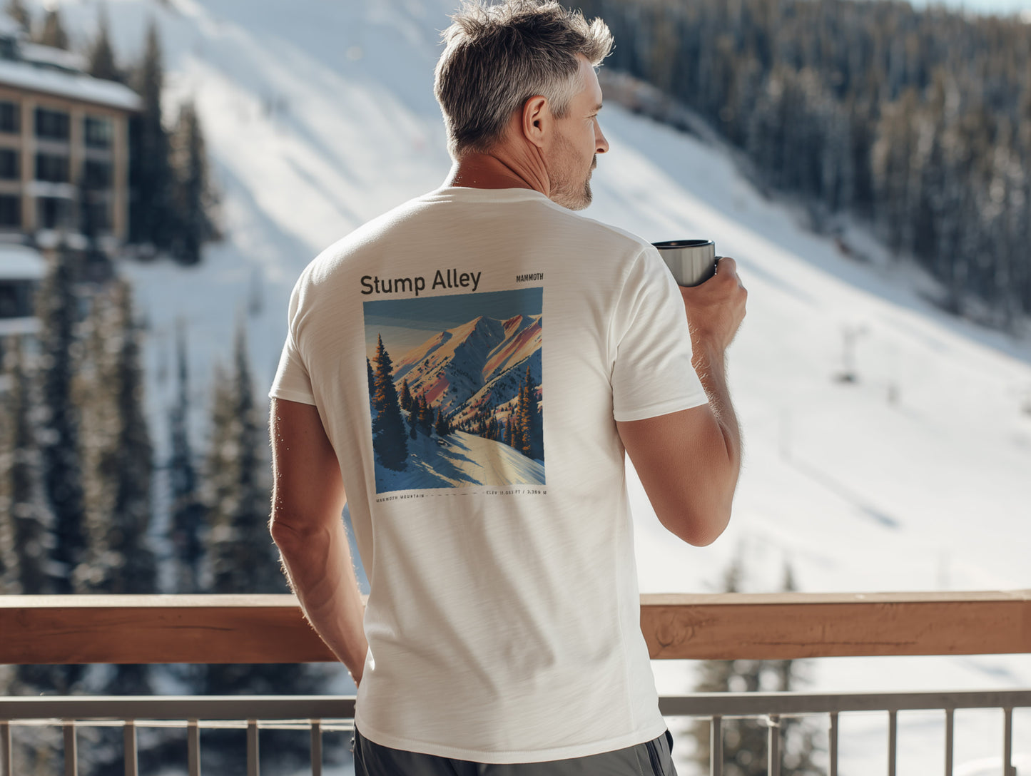 Stump Alley Ski T-Shirt | Mammoth Mountain Art Tee — design printed on the back of the t-shirt