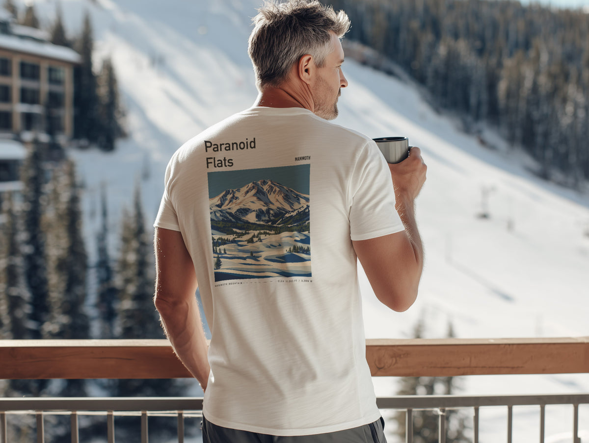 Paranoid Flats Ski T-Shirt | Mammoth Mountain Art Tee — design printed on the back of the t-shirt