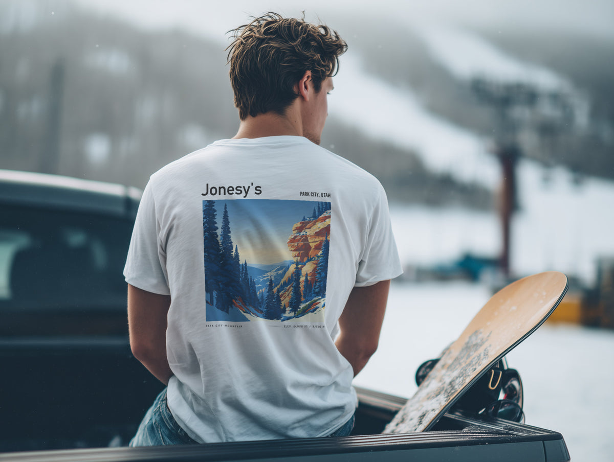 Jonesy's Park City Ski T-Shirt | Utah Mountain Run Art Tee — design printed on the back of the t-shirt