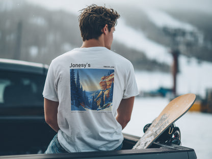 Jonesy's Park City Ski T-Shirt | Utah Mountain Run Art Tee — design printed on the back of the t-shirt