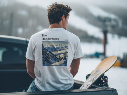 The Headwaters Ski T-Shirt | Big Sky Mountain Art Tee — design printed on the back of the t-shirt