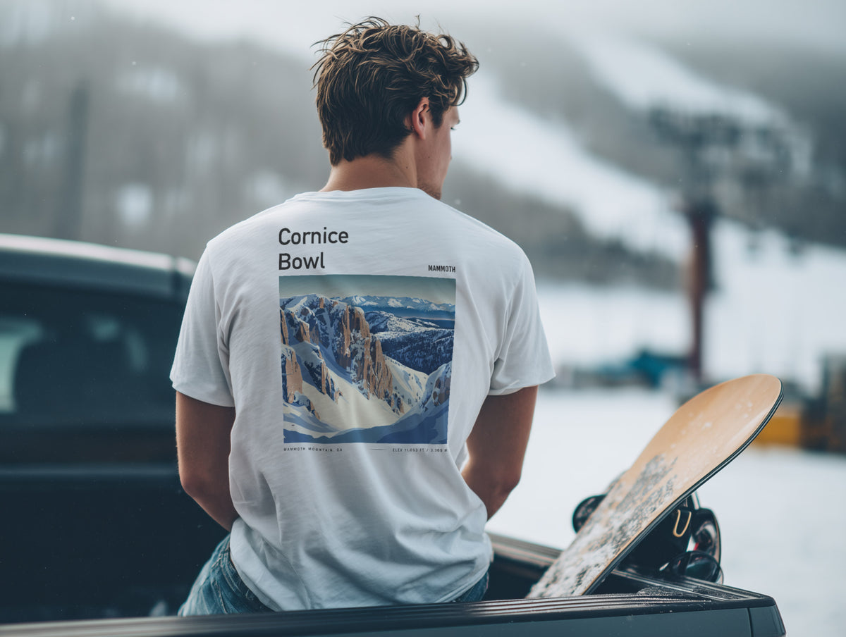 Cornice Bowl Ski T-Shirt | Mammoth Mountain Art Tee — design printed on the back of the t-shirt