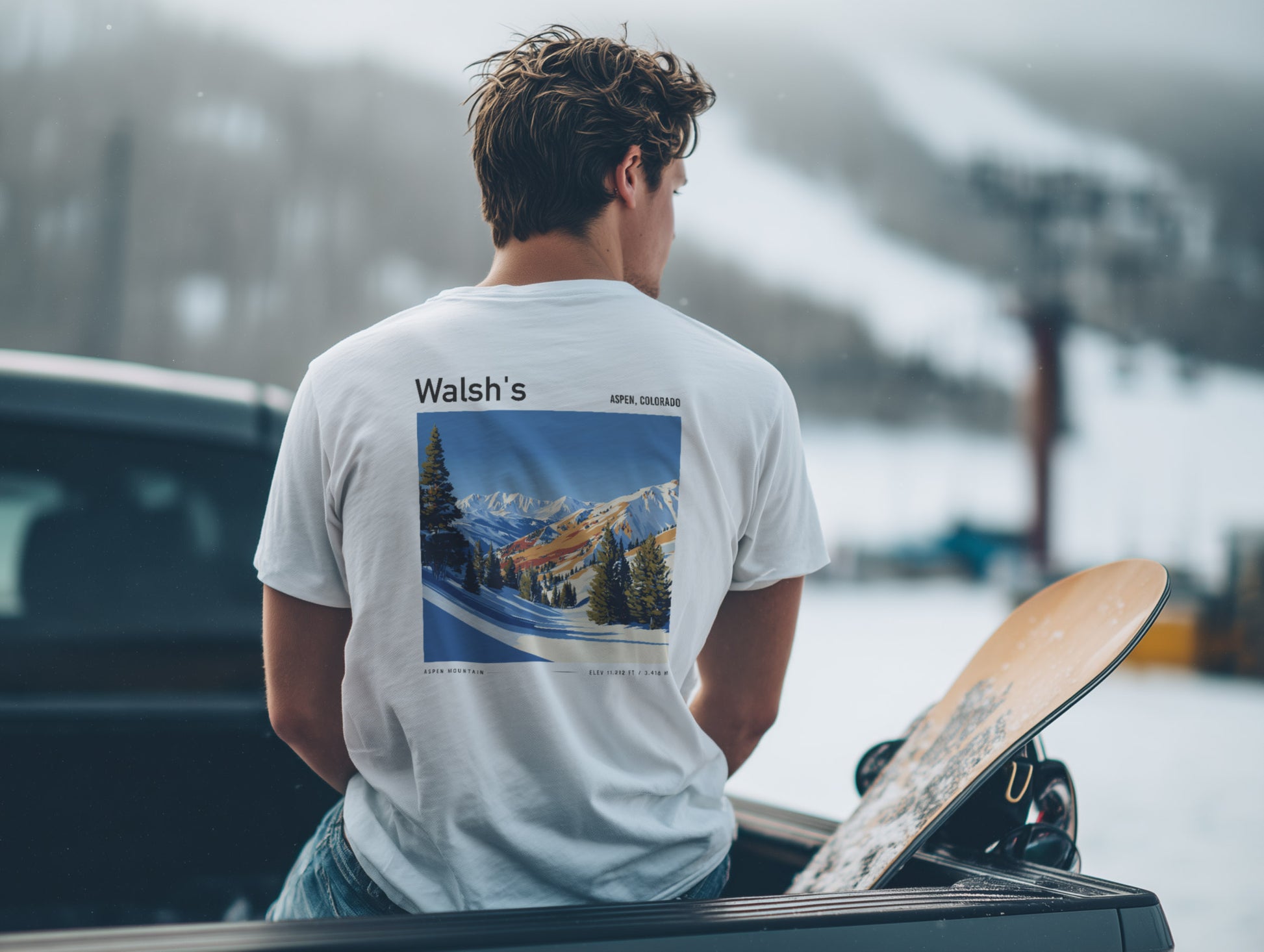 Walsh's Aspen Ski T-Shirt | Rocky Mountain Legend Art Tee — design printed on the back of the t-shirt