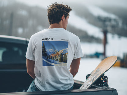 Walsh's Aspen Ski T-Shirt | Rocky Mountain Legend Art Tee — design printed on the back of the t-shirt