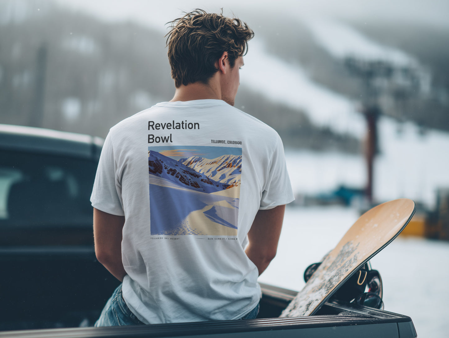 Revelation Bowl Ski T-Shirt | Telluride Mountain Art Tee — design printed on the back of the t-shirt