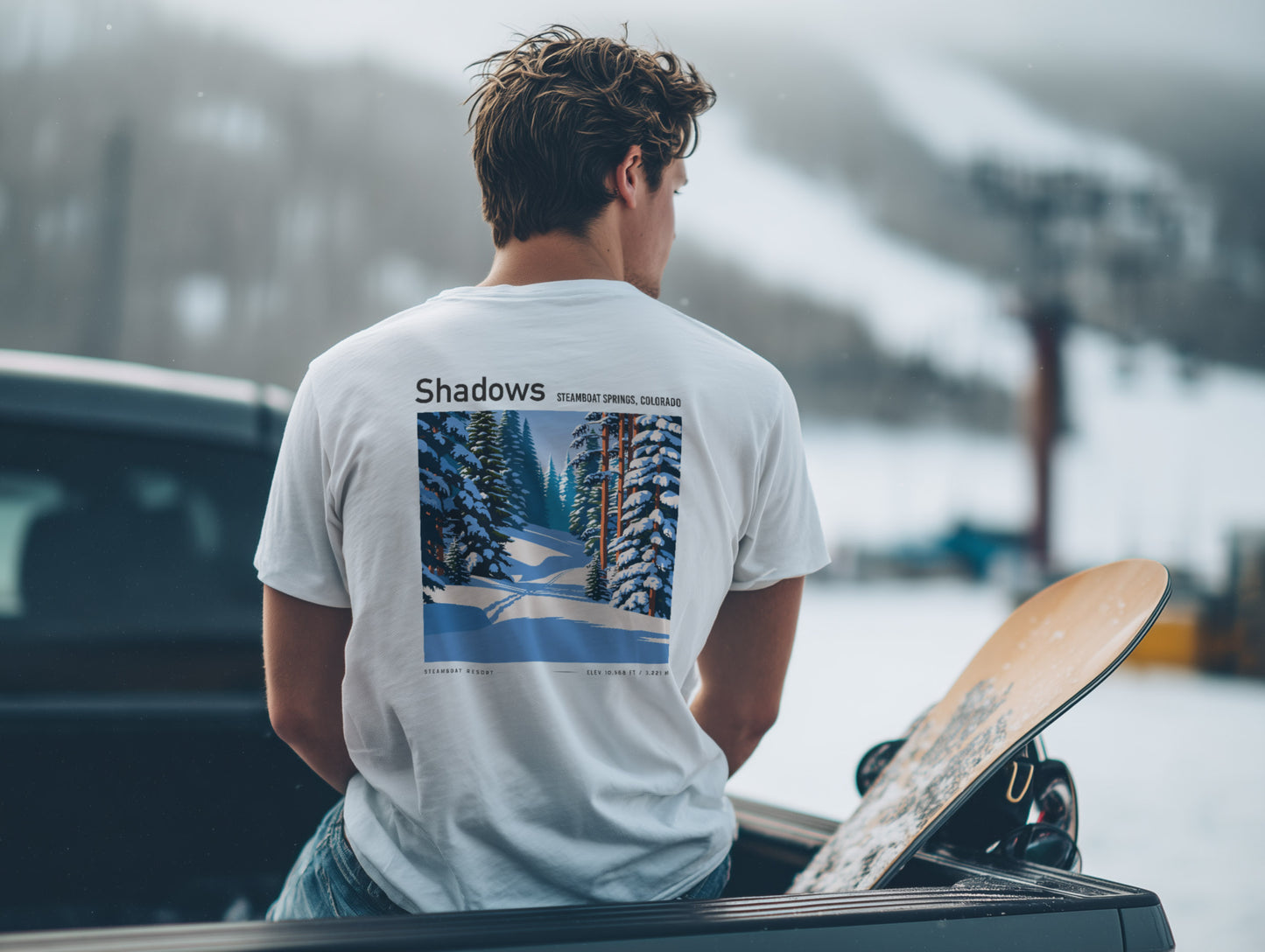 Shadows, Steamboat Ski T-Shirt | Rocky Mountain Powder Art Tee — design printed on the back of the t-shirt