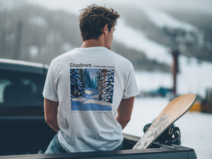 Shadows, Steamboat Ski T-Shirt | Rocky Mountain Powder Art Tee — design printed on the back of the t-shirt